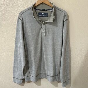 Tommy Bahama Olive Green and Gray Button Down Mock Neck